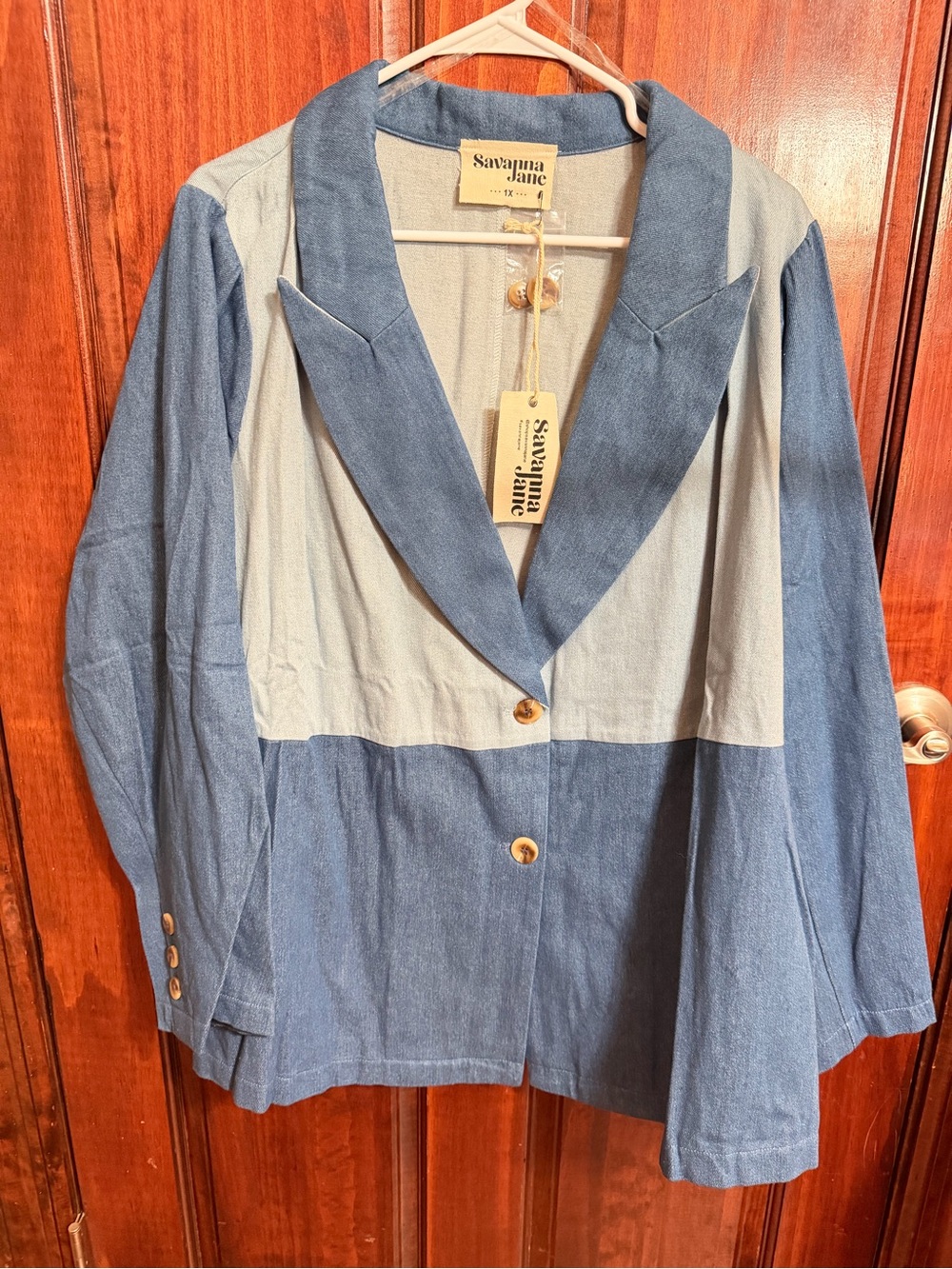 NWT Savanna Jane 1X Blue Colorblock Blazer 100% Cotton